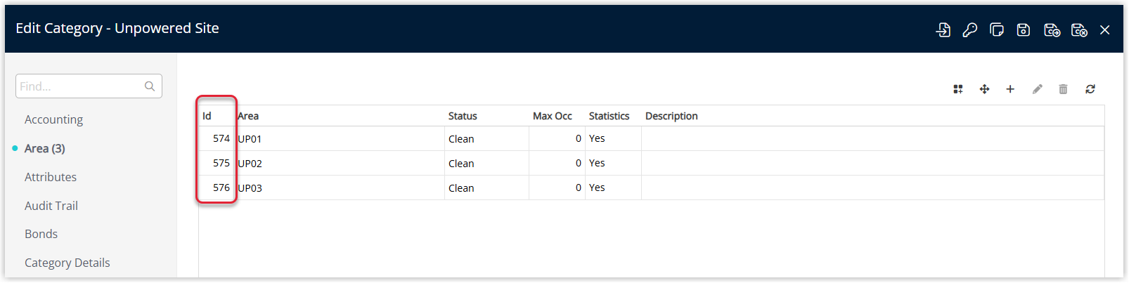 Screenshot of the Area tab on the Category screen in RMS showing the ID column for each Area