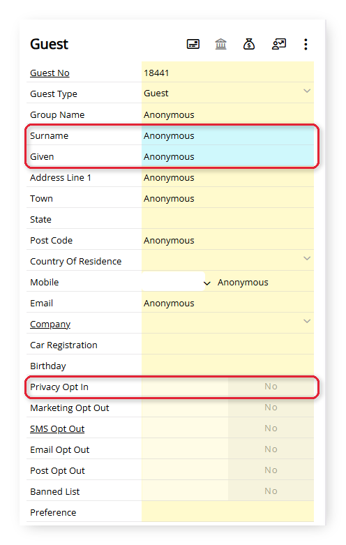 Annotated screenshot of the Guest panel on the Reservation screen in RMS highlighting the anonymised name fields and Privacy Opt In set to No