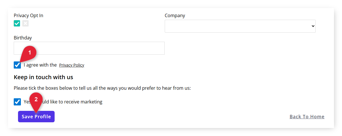 Annotated screenshot of the Guest Portal profile page in RMS highlighting the I agree with the Privacy Policy tick box and the Save Profile button
