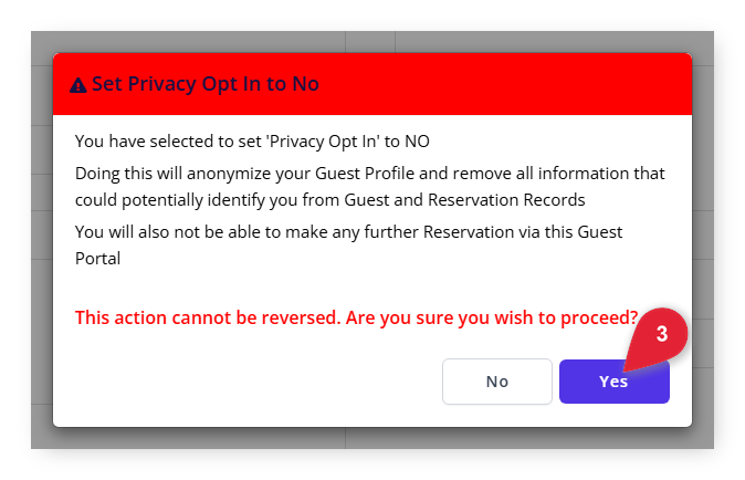 Annotated screenshot of the Set Privacy Opt In to No warning in the Guest Portal in RMS highlighting the Yes button