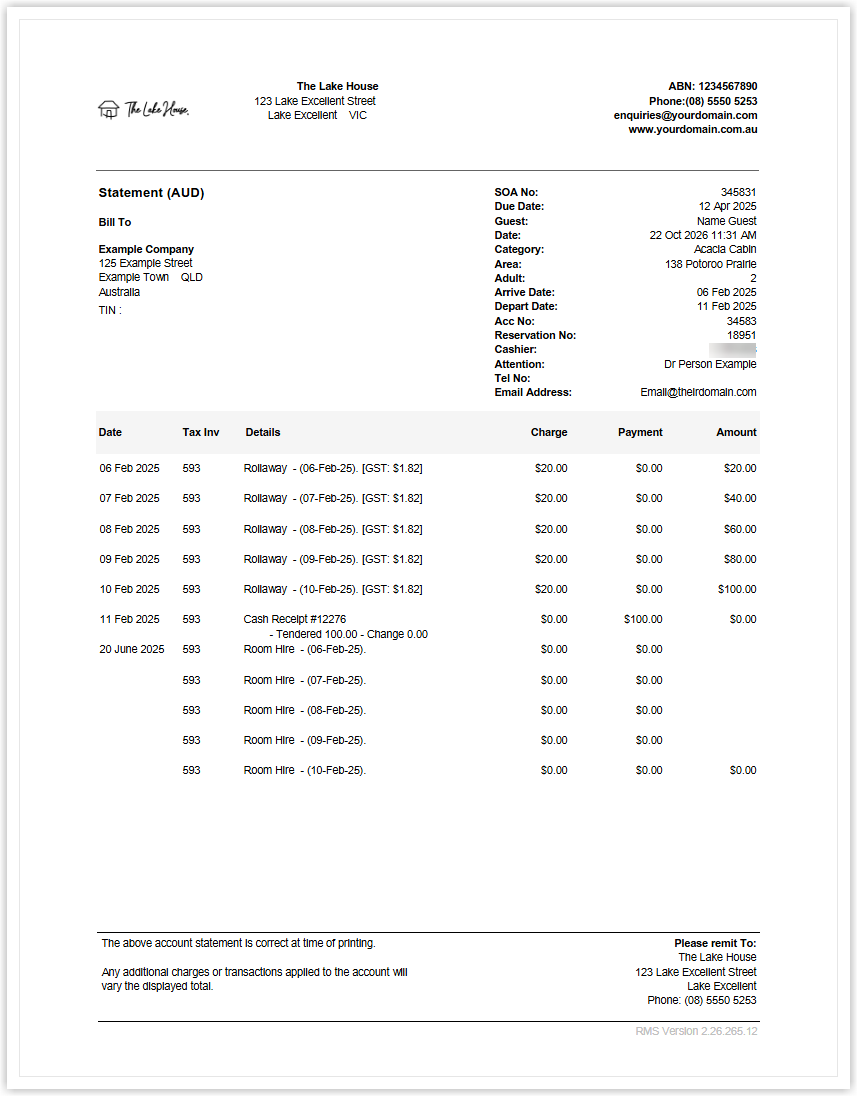 Screenshot of the Philippines Statement of Account report in RMS showing a statement billed to Example Company with SOA No 345831, Due Date 12 Apr 2025 and the transaction lines with a running balance.png