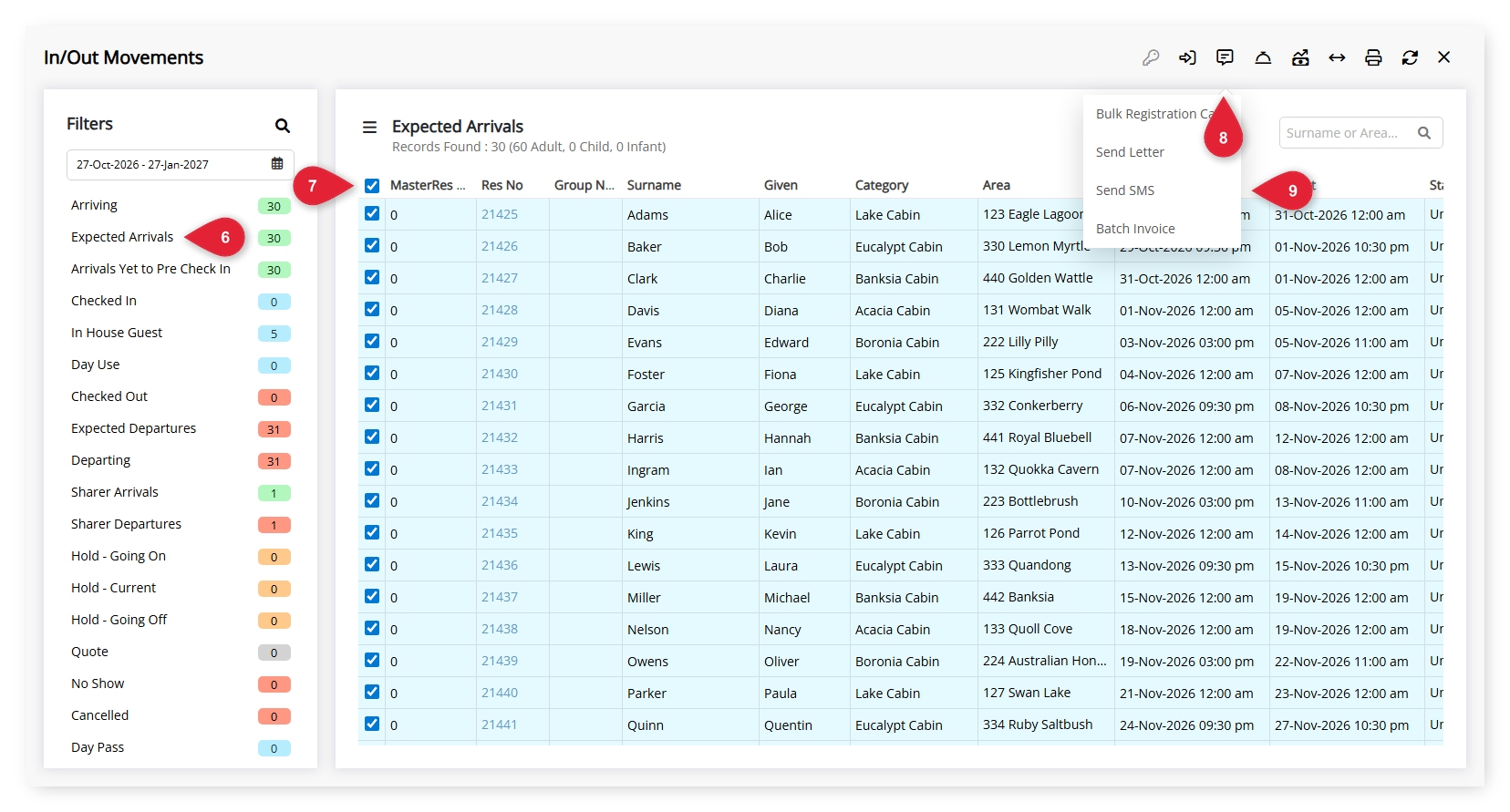 Annotated screenshot of the In/Out Movements screen in RMS highlighting the Expected Arrivals filter, the select-all checkbox, the Correspondence Options icon and the Send SMS option