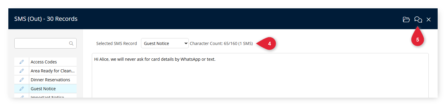 Annotated screenshot of the SMS (Out) window in RMS highlighting the Character Count and the Send All SMS icon