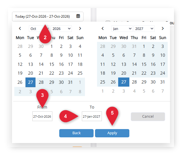 Annotated screenshot of the In/Out Movements date picker in RMS highlighting the date field, the From and To dates and the Apply button