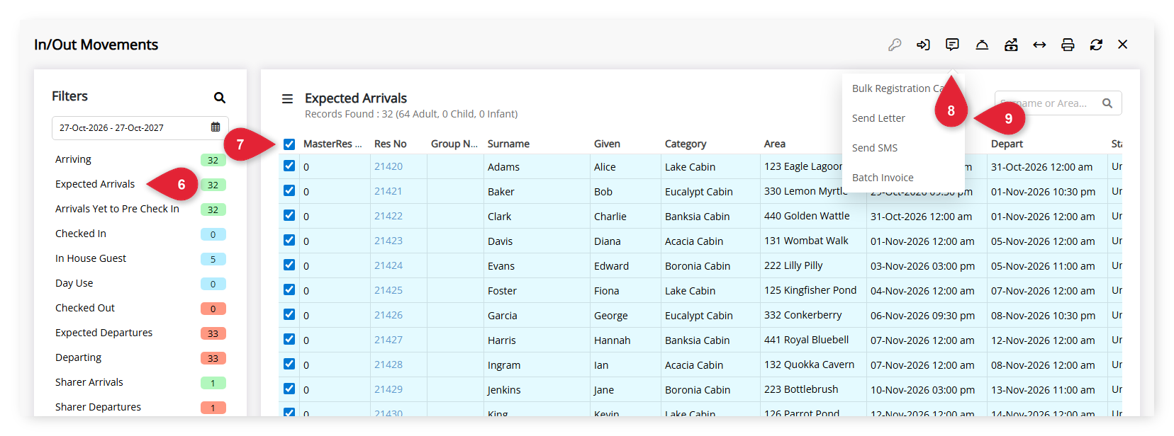 Annotated screenshot of the In/Out Movements screen in RMS highlighting the Expected Arrivals filter, the select-all checkbox, the Correspondence Options icon and the Send Letter option