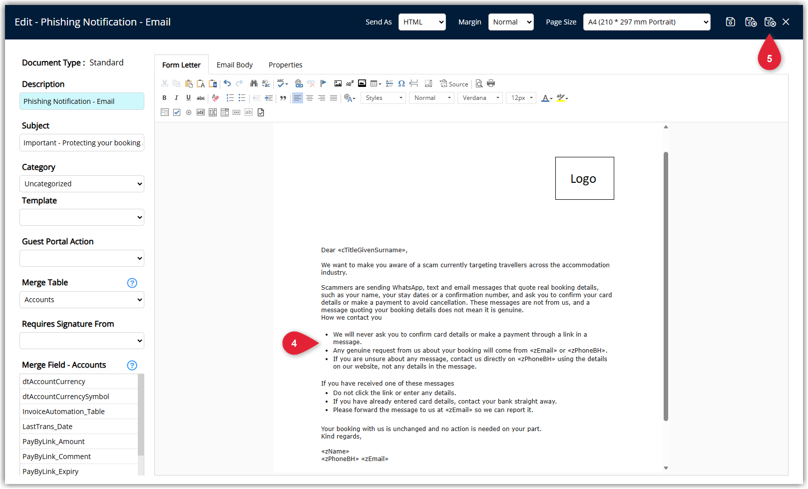 Annotated screenshot of the Edit - Phishing Notification - Email window in RMS highlighting the letter text and the Save/Exit icon