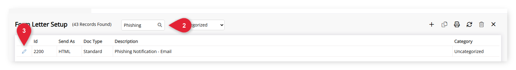Annotated screenshot of the Form Letter Setup screen in RMS highlighting the Search box and the Edit icon for the Phishing Notification - Email Form Letter