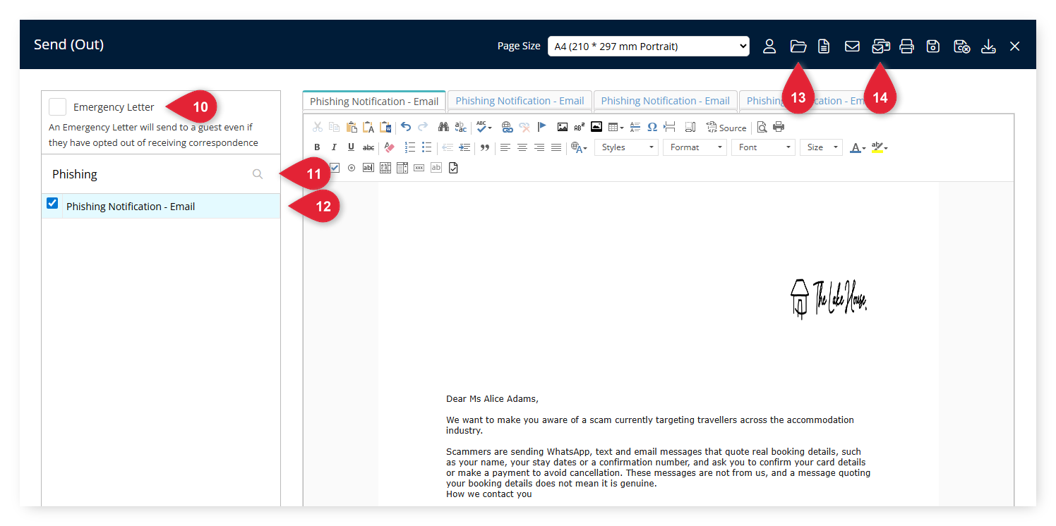 Annotated screenshot of the Send (Out) window in RMS highlighting the Emergency Letter option, the Search box, the Phishing Notification - Email Form Letter, the Open icon and the Email All icon