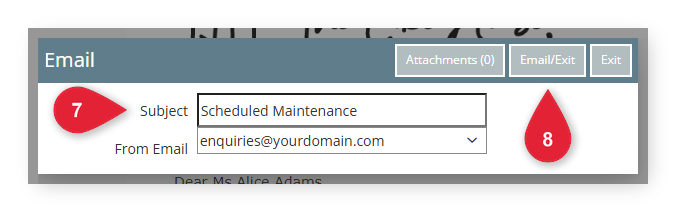 Annotated screenshot of the Email window in RMS highlighting the Subject field and the Email/Exit button