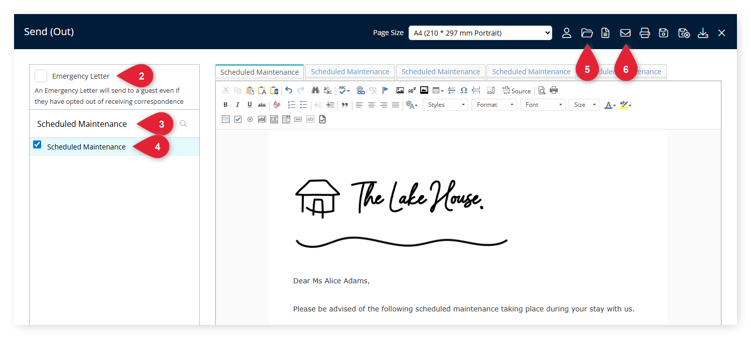 Annotated screenshot of the Send (Out) window in RMS highlighting the Emergency Letter option, the Search box, the selected Form Letter, the Open icon and the Email icon