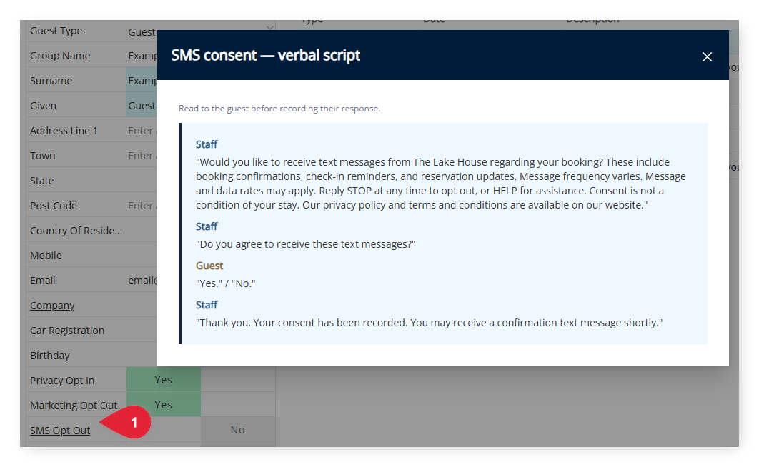 Annotated screenshot of the Guest Profile screen in RMS with the SMS consent verbal script open