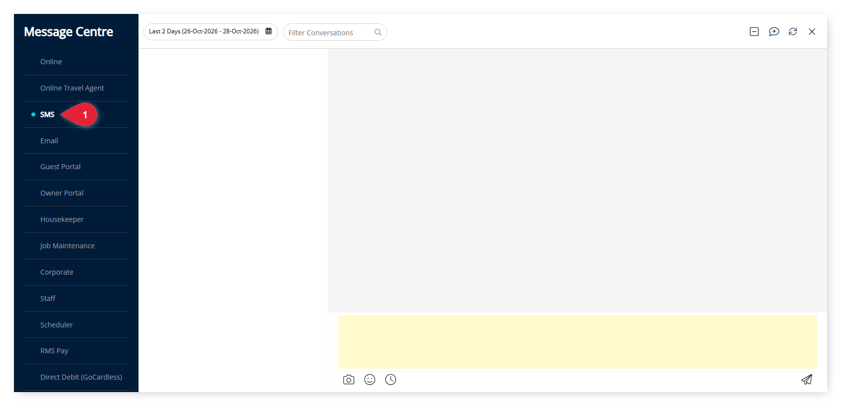 Annotated screenshot of the Message Centre in RMS highlighting the SMS Message Type