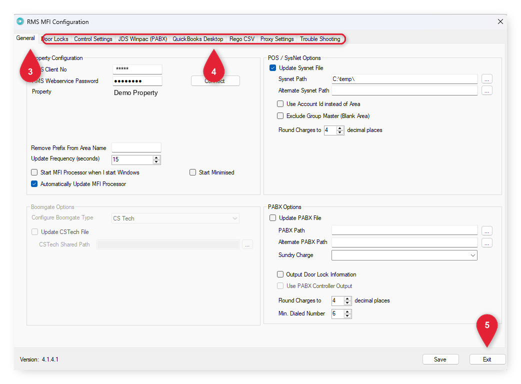 Annotated screenshot of the RMS MFI Configuration window highlighting the General tab, the other settings tabs and the Exit button