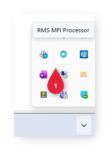 Annotated screenshot of the Windows system tray highlighting the RMS MFI Processor icon