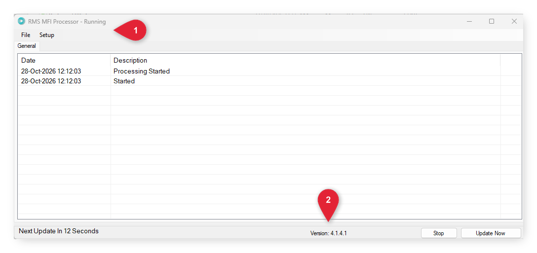 Annotated screenshot of the RMS MFI Processor window highlighting the Running status in the title and Version 4.1.4.1