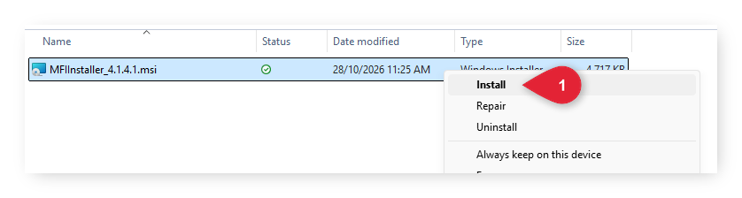 Annotated screenshot of the MFIInstaller_4.1.4.1.msi file in Windows highlighting Install in the right-click menu