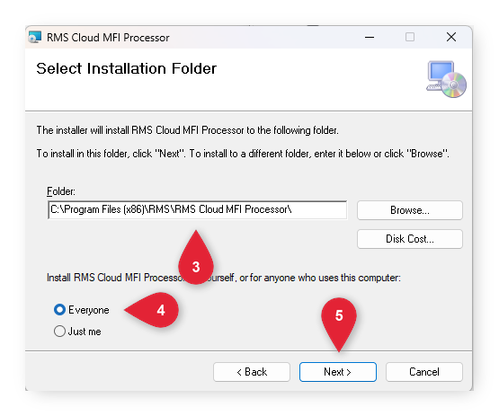 Annotated screenshot of the Select Installation Folder screen highlighting the Folder, the Everyone option and the Next button