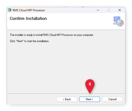 Annotated screenshot of the Confirm Installation screen highlighting the Next button