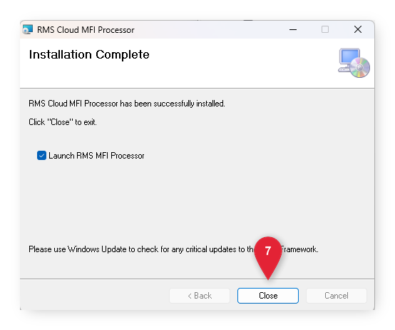 Annotated screenshot of the Installation Complete screen highlighting the Close button