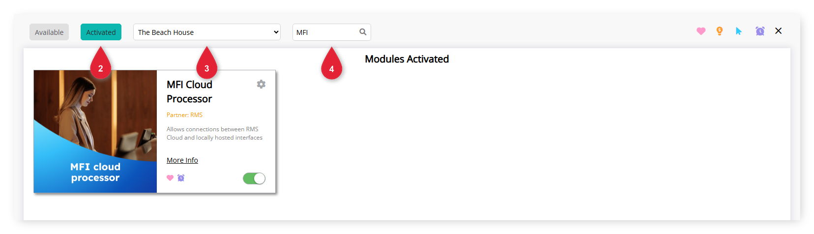 Annotated screenshot of the Module Market in RMS highlighting the Activated button, the property list and the Search Modules box, with the MFI Cloud Processor listed as activated