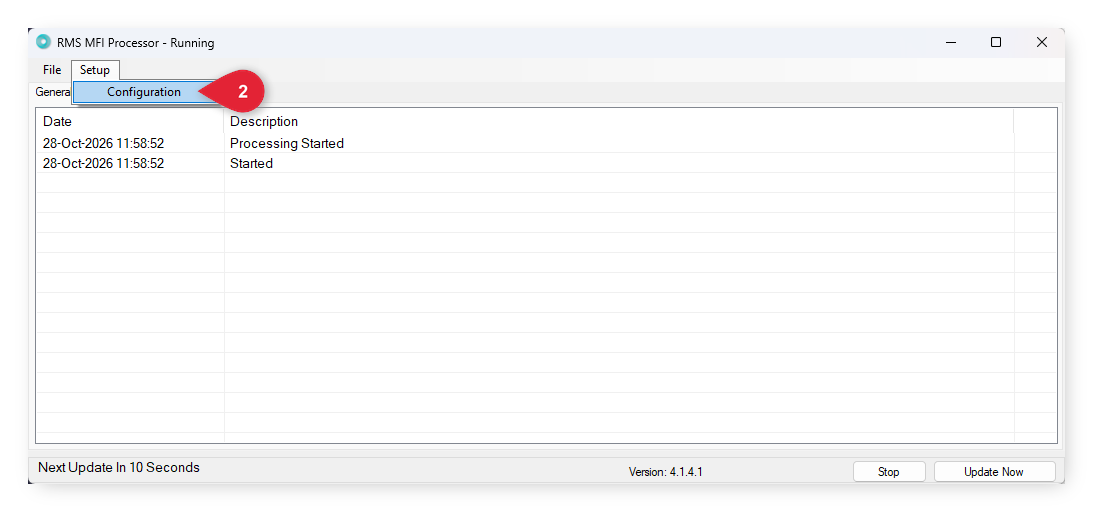 Annotated screenshot of the RMS MFI Processor window highlighting Configuration in the Setup menu