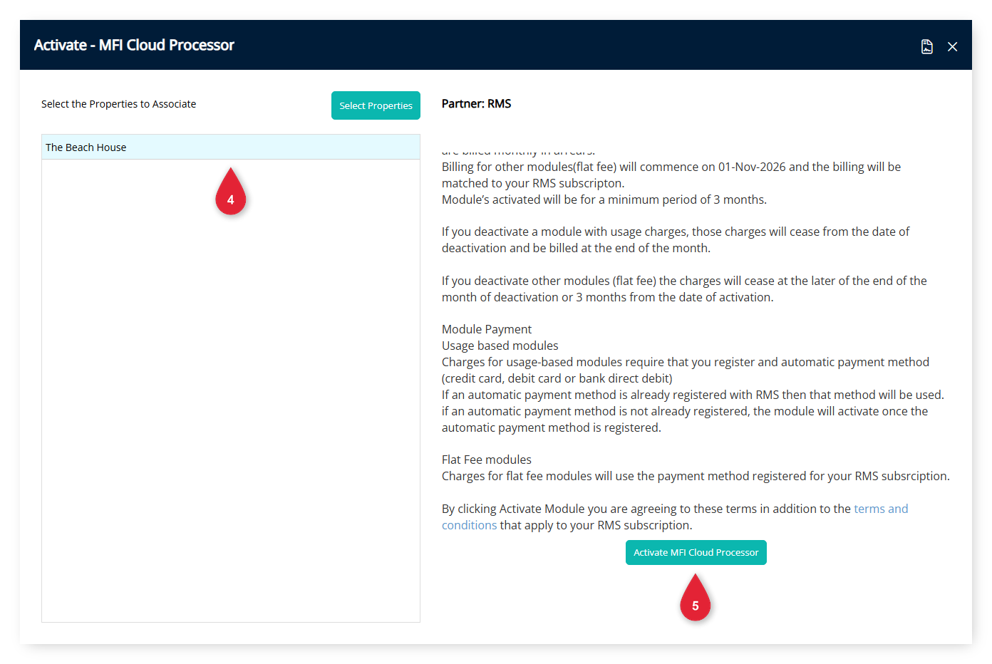Annotated screenshot of the Activate - MFI Cloud Processor window in RMS highlighting the associated property and the Activate MFI Cloud Processor button