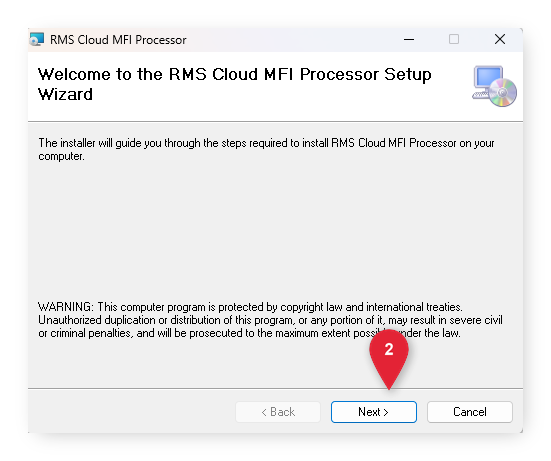 Annotated screenshot of the RMS Cloud MFI Processor Setup Wizard welcome screen highlighting the Next button