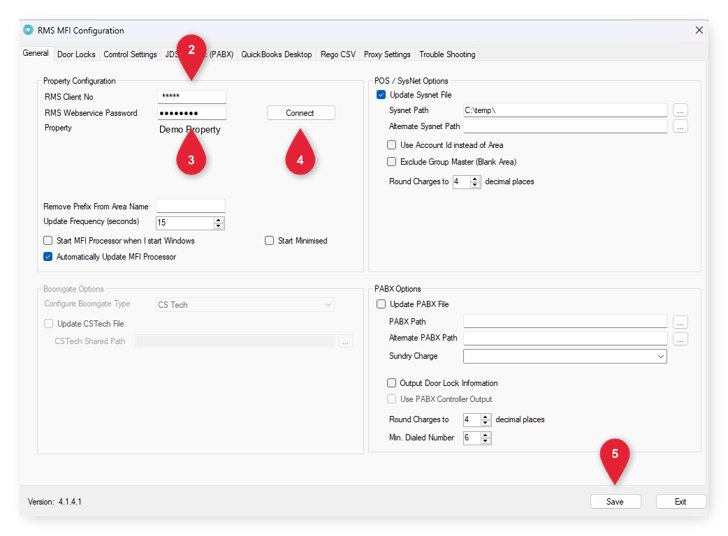 Annotated screenshot of the RMS MFI Configuration window highlighting the RMS Client No, RMS Webservice Password, Connect and Save