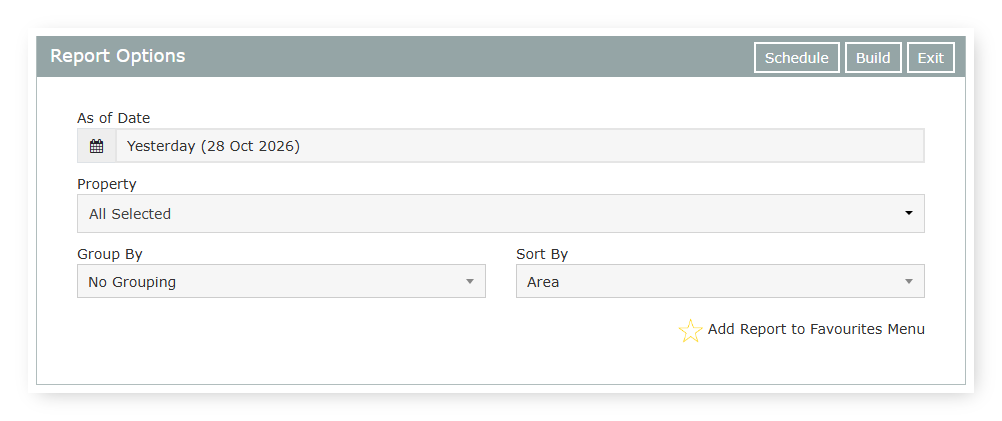 Screenshot of the Report Options panel for the Arrears and Advances report in RMS showing the As of Date, Property, Group By and Sort By options